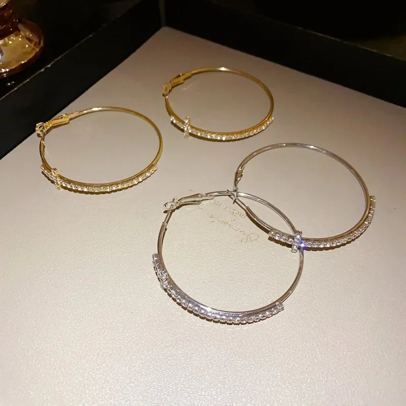 Shiny big circular cross hoop earrings with rhinestones, geometric women's jewelry by HSF Marketplace