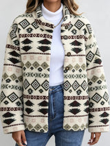 Women's winter fleece jacket with Aztec print, front view, by HSF Marketplace