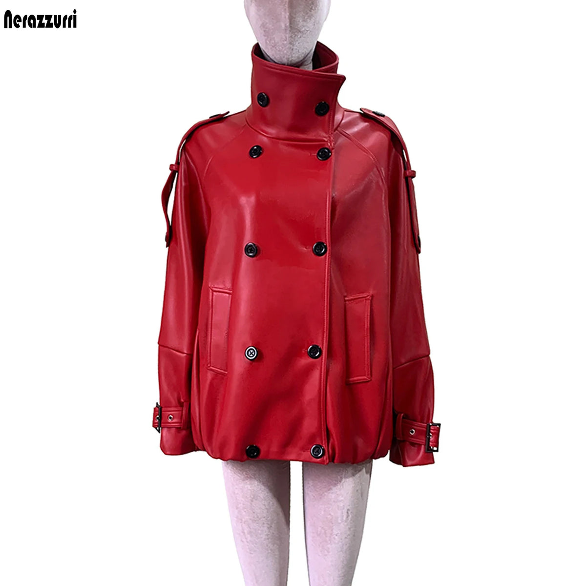 Nerazzurri women's waterproof windproof PU leather trench coat, thick double-breasted autumn design