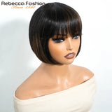 Rebecca short bob wig with bangs, Brazilian straight human hair in mixed 1B/30 color, glueless machine-made design