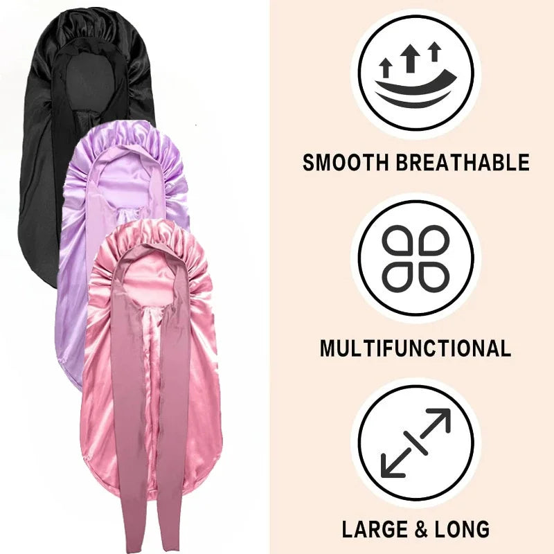 XL Long Silk Bonnet for Sleeping, Extra Large Satin Bonnet with Wide Elastic Band, Night Cap for Natural Hair Braids Weaves