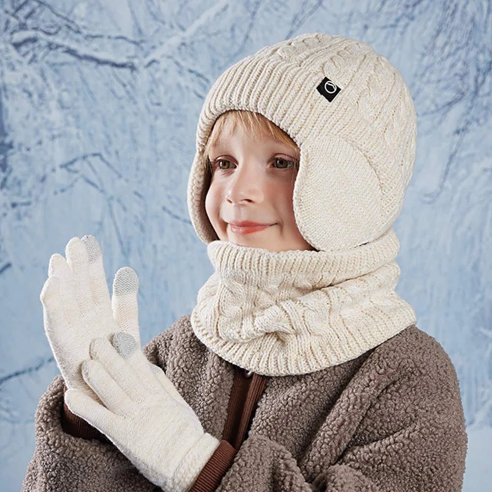 Children's warm fleece-lined hat, scarf, and gloves set by HSF Marketplace, winter accessories in soft neutral tones