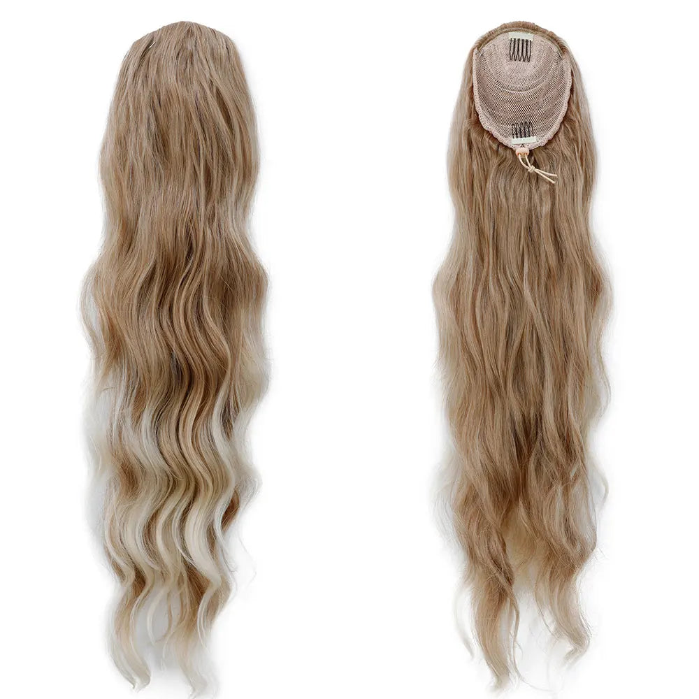 28-inch body wave drawstring ponytail, synthetic heat-resistant ombre brown with blonde highlights