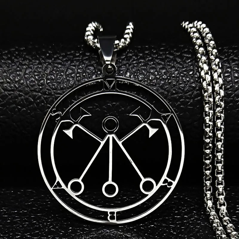 Stainless steel Satan necklace featuring Baphomet stamp, laser-etched Sigil De Lucifer design, chain jewelry from HSF Marketplace