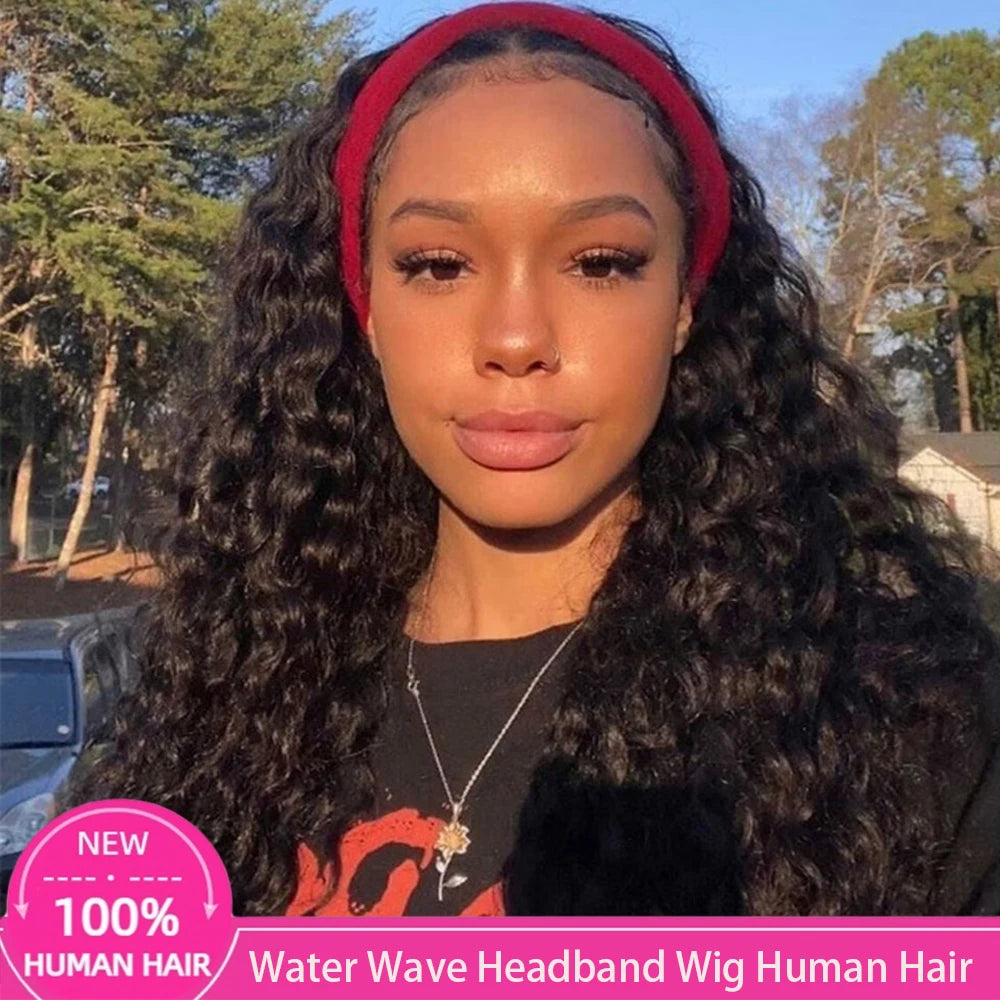 250 density water wave headband wig human hair, full machine-made glueless wig for Black women