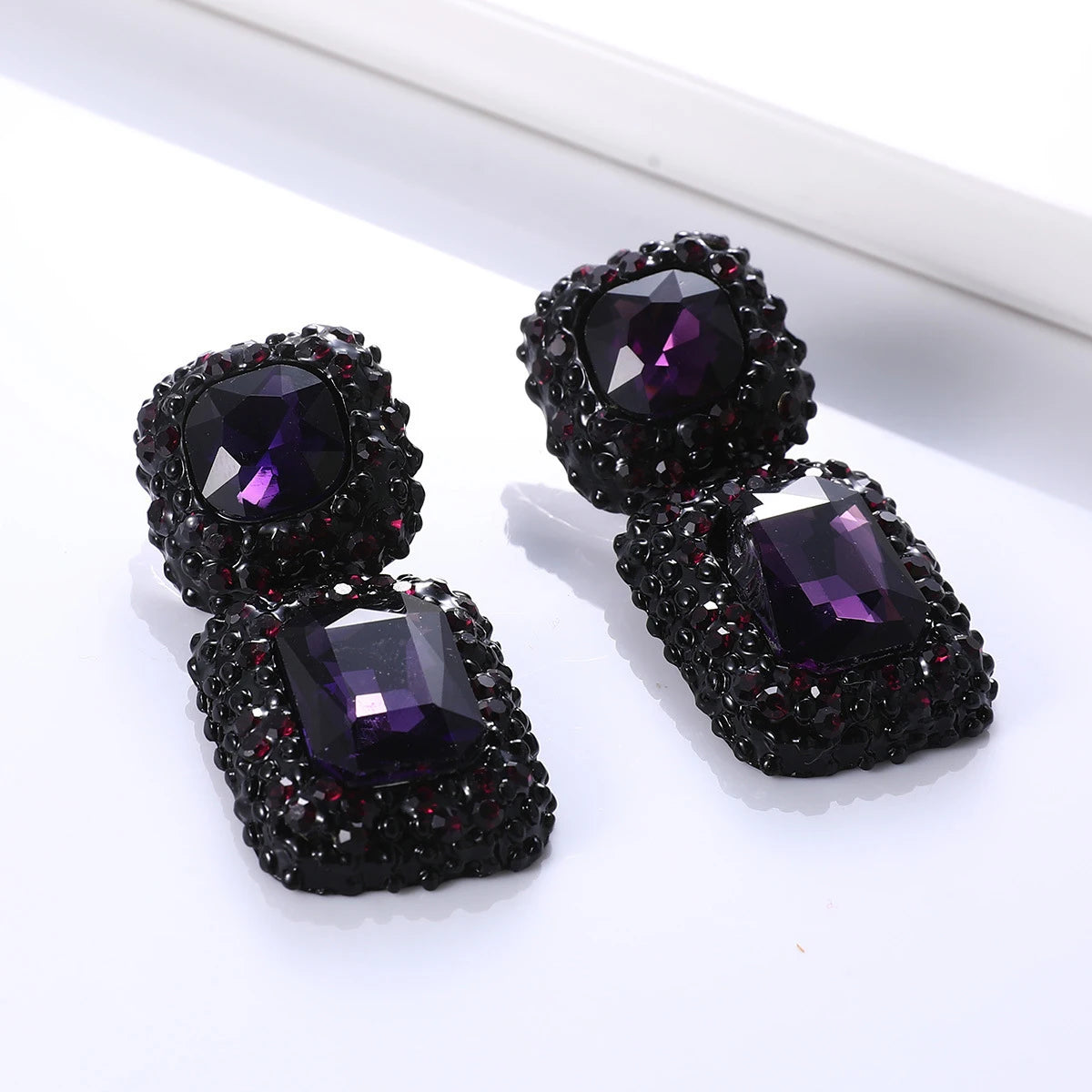 Vintage Costume Jewelry Party Accessories Gunblack Chunky Gray Black Crystal Rhinestone Square Statement Earrings for Women