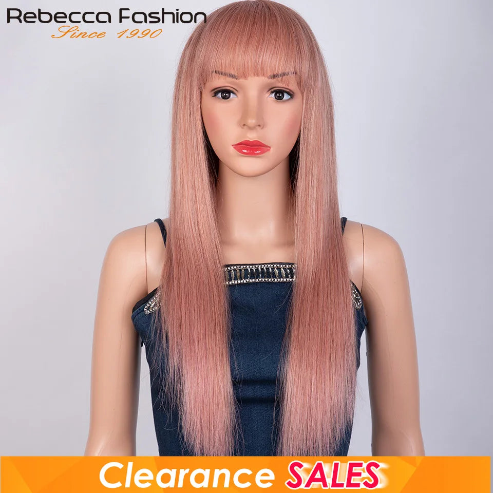 Dirty pink straight human hair wig with bangs, full machine-made wig by HSF Marketplace, perfect for women’s wear and styling.