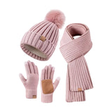 Women's warm winter touchscreen gloves, hat and scarf set in coordinated cold-weather accessories.