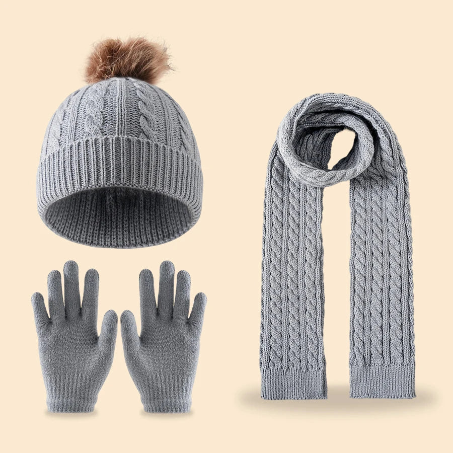 Kids winter double-ball fleece scarf, hat and gloves set, ages 3–14, by HSF Marketplace
