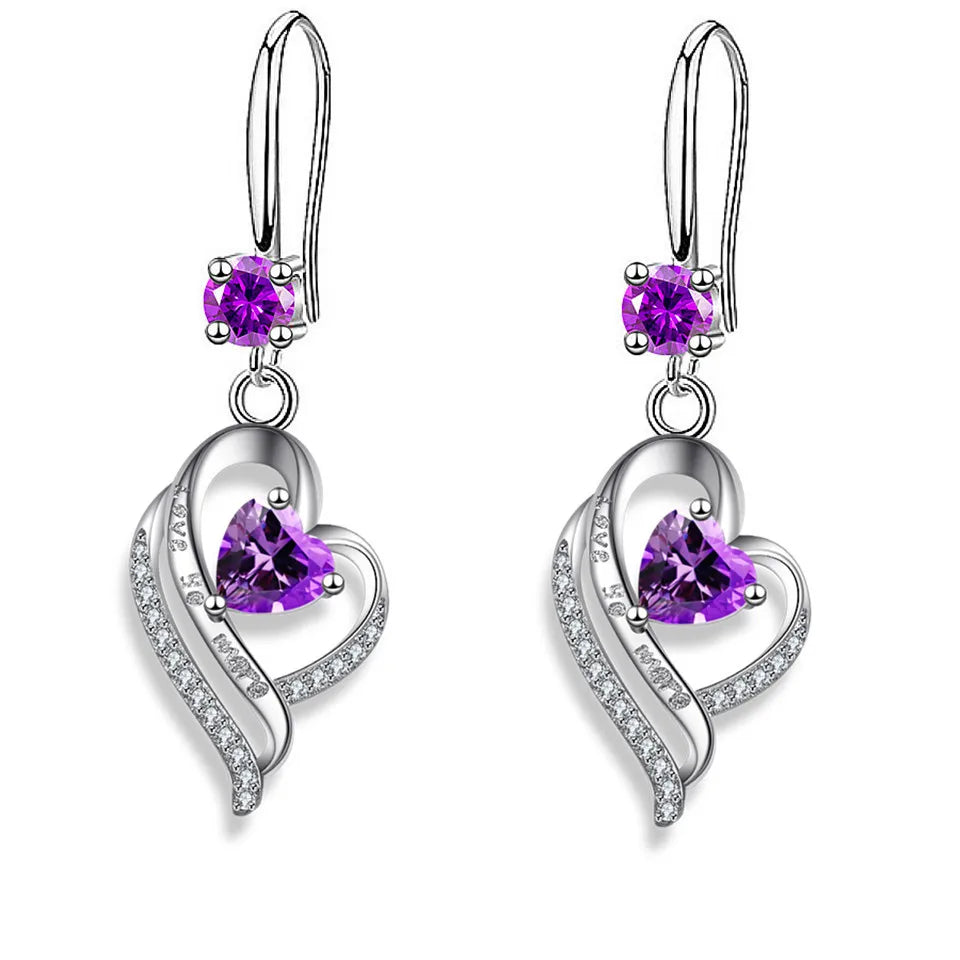 Silver heart drop earrings for women with colorful zircon stones by HSF Marketplace