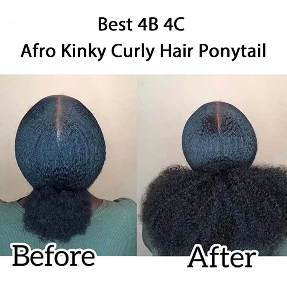 Human hair afro kinky curly drawstring ponytail extension with wrap and clips for women, natural fluffy afro puff style