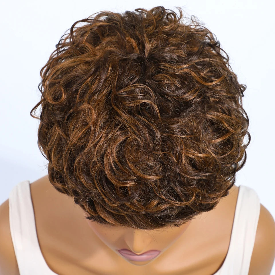 Rebecca short pixie cut curly wig in mixed brown, 100% human hair wig by HSF Marketplace