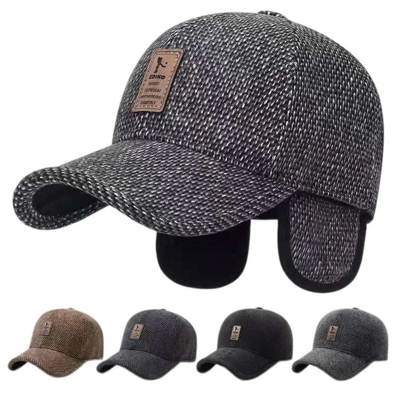 Men's winter fleece-lined baseball cap with ear flaps, thick windproof design for outdoor travel and casual wear