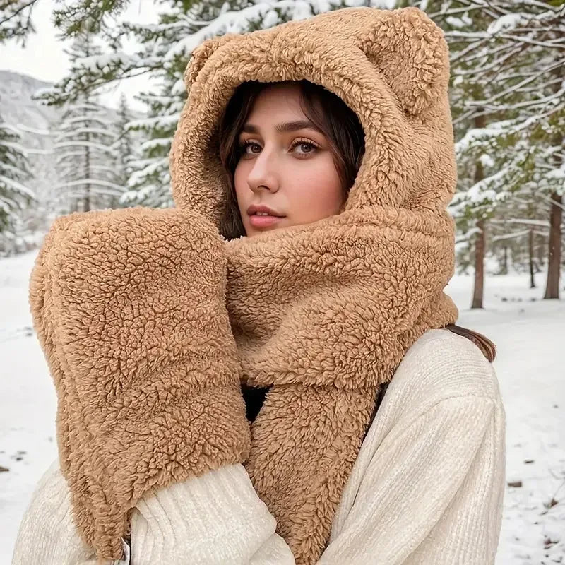 Winter bear ear hat, scarf and gloves set for women, plush warm winter accessory by HSF Marketplace
