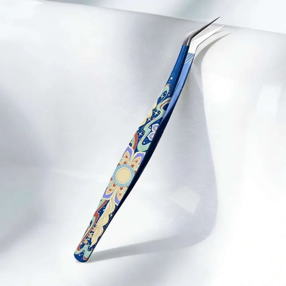High precision stainless steel eyelash extension tweezers by Sticker Therapy, close-up view