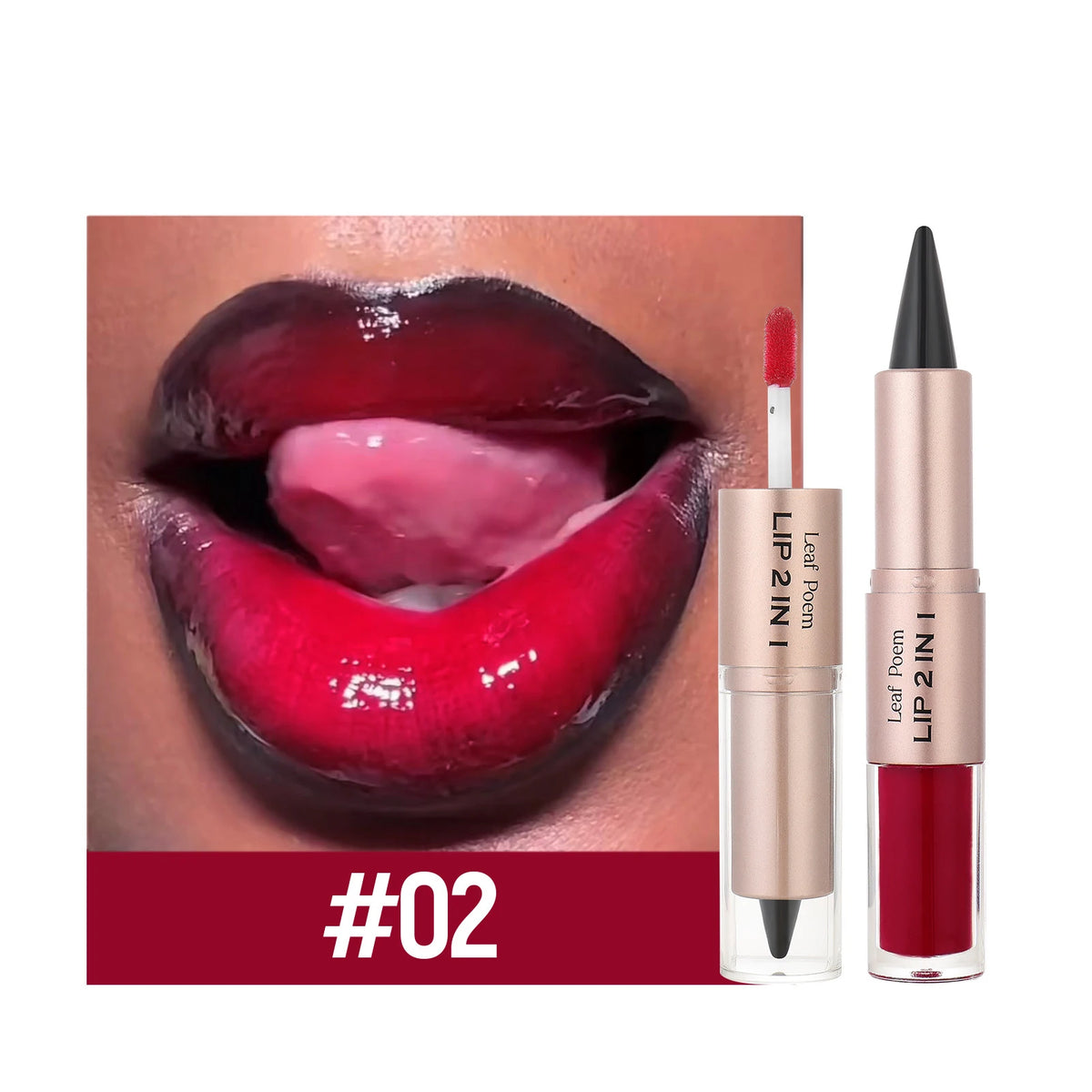 Black and brown tapered lip liner and contour pencil with double-headed mirror, plumping lip glaze, crystal gloss, and red lip tint makeup.