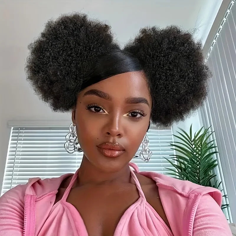 Afro puff drawstring ponytail addition with voluminous kinky curly human hair for women updo bun