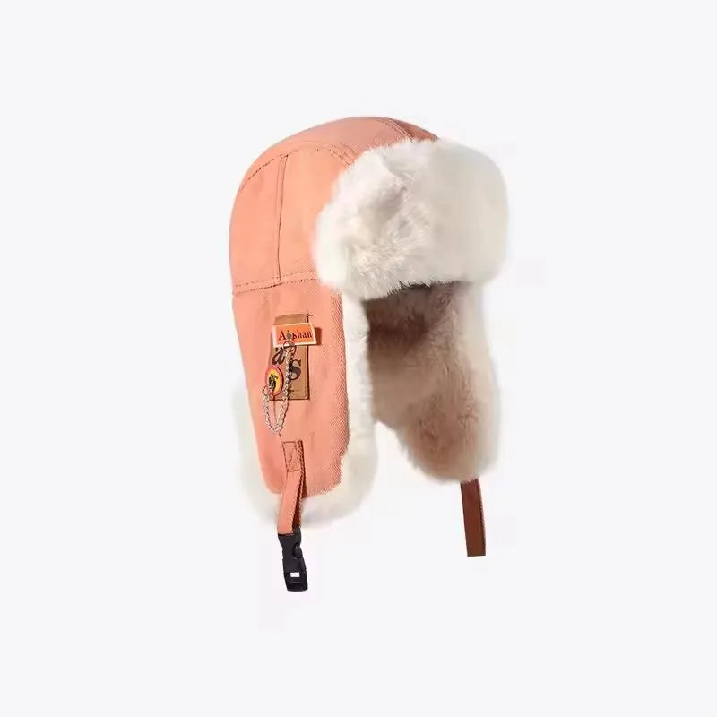Black and grey Russian ushanka bomber hat with thick fur, warm earflaps, and winter ski cap design for women men