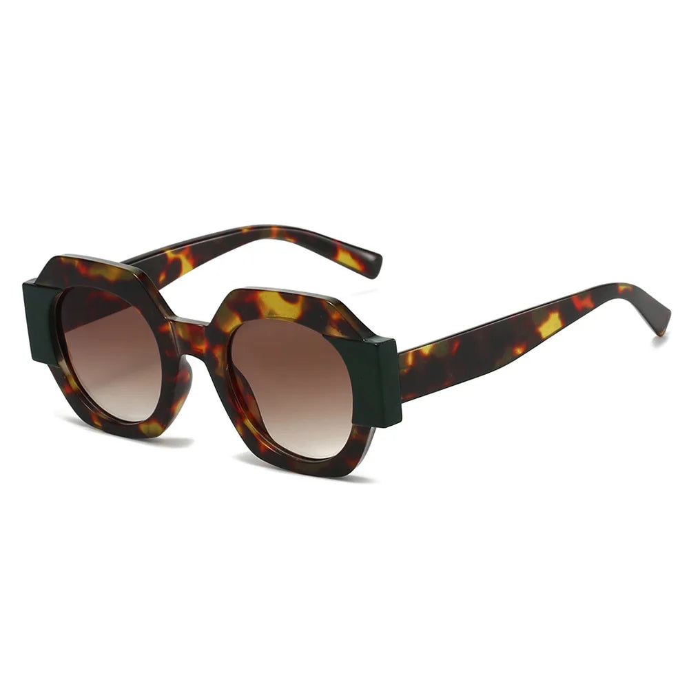 Hexagon-shaped designer sunglasses for women with colorful patchwork design, casual retro eyewear by HSF Marketplace.
