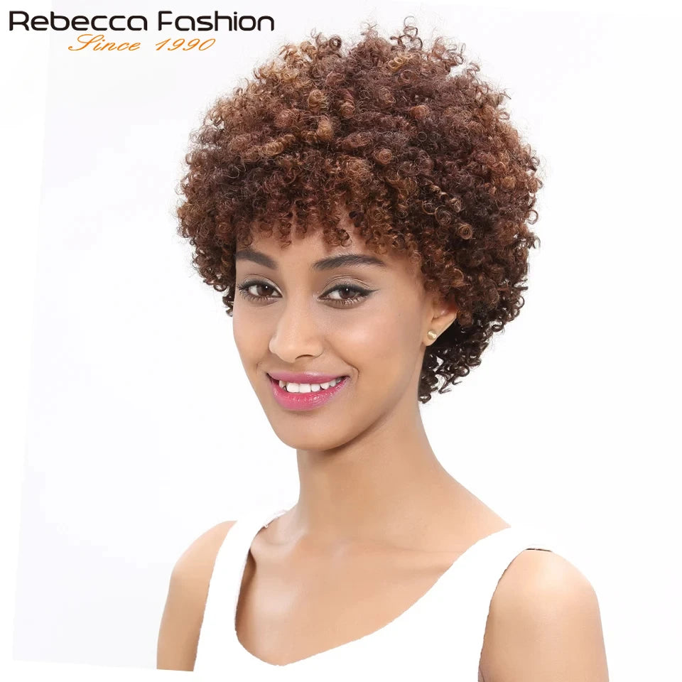 Rebecca Brazilian Afro Kinky Curly Human Hair Wig in dark brown, short, full machine-made Remy human hair from HSF Marketplace