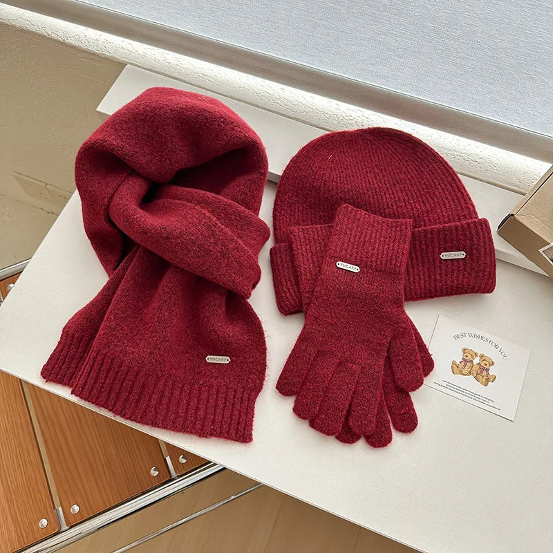 Wool knitted hat, scarf and gloves set in warm winter style by HSF Marketplace