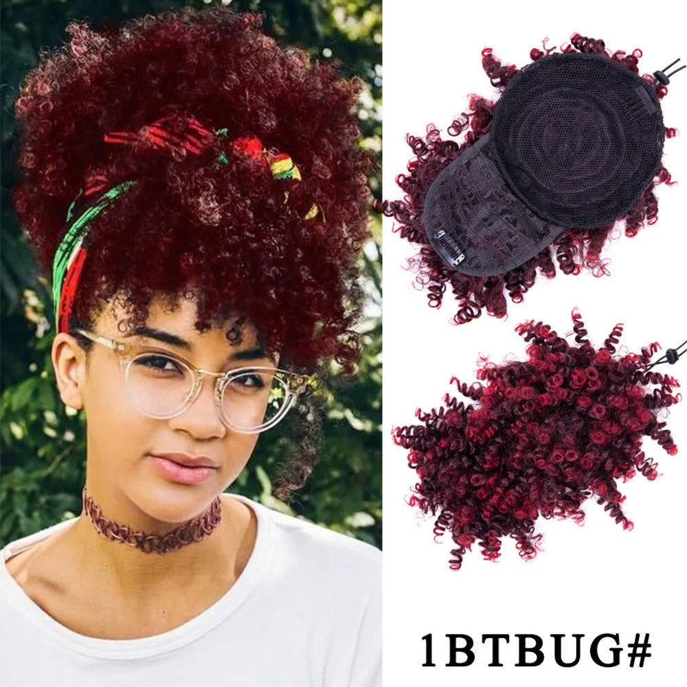 Afro puff kinky curly ponytail wig with bangs, drawstring synthetic hair extension for Black women