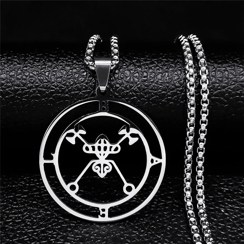 Stainless steel Satan necklace featuring Baphomet and Sigil de Lucifer design with chain, jewelry by HSF Marketplace