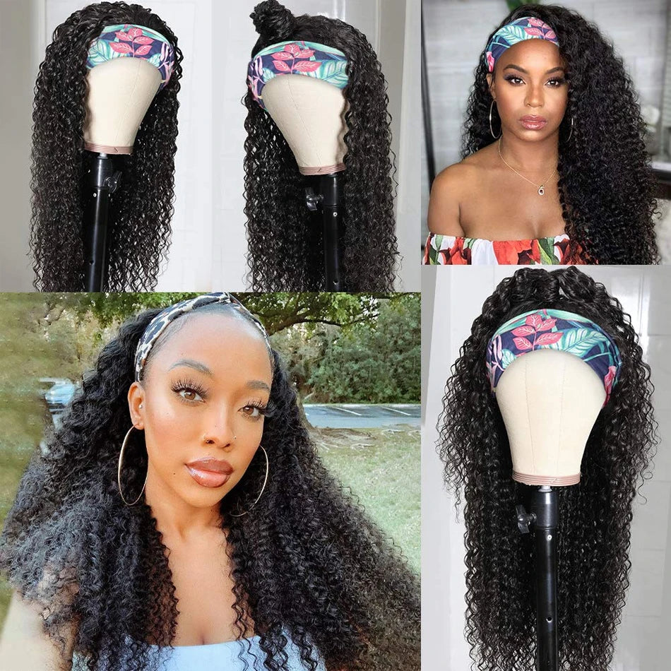 Shireen kinky curly glueless headband wig, Remy virgin human hair afro deep curls, 250% density brunette style
