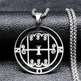 Stainless steel Satan necklace featuring Baphomet and Sigil De Lucifer designs, with chain and laser-etched details.