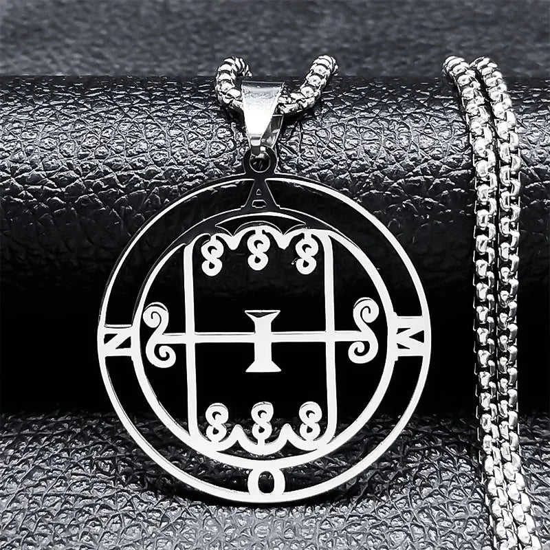 Stainless steel Satan necklace featuring Baphomet and Sigil De Lucifer designs, with chain and laser-etched details.