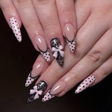 24-piece pink almond press-on false nails with bowknots, love hearts and pearl design by HSF Marketplace