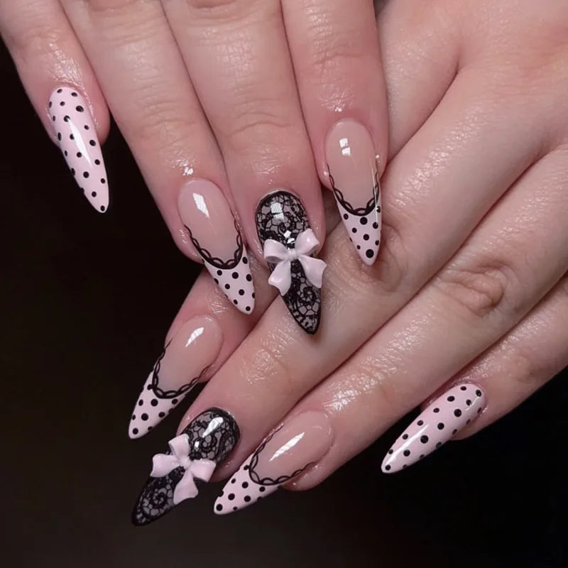 24-piece pink almond press-on false nails with bowknots, love hearts and pearl design by HSF Marketplace