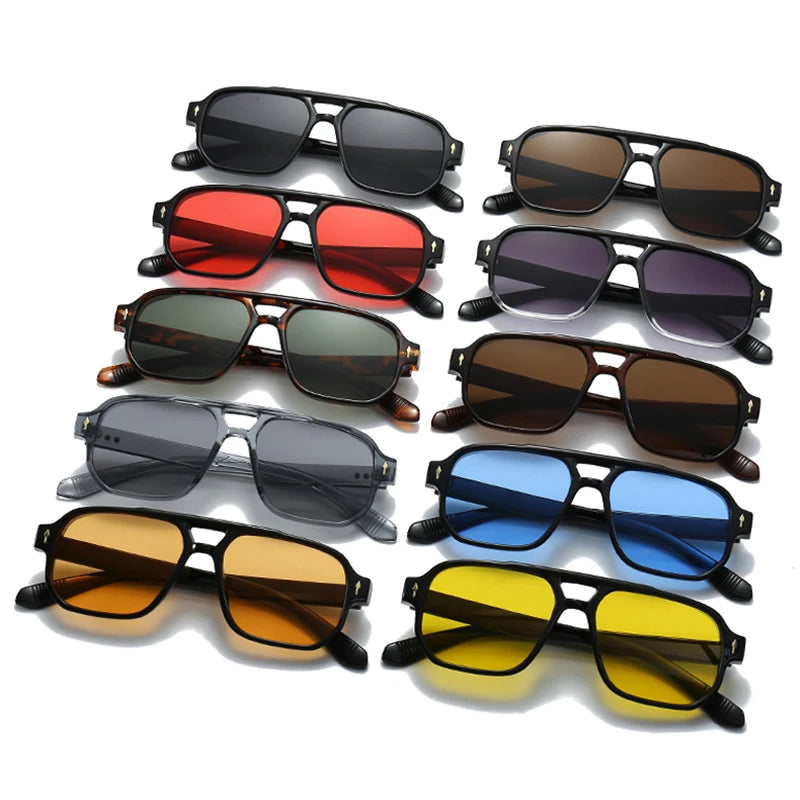 Vintage double bridge square sunglasses with clear ocean lenses, UV400 protection, rivet details, suitable for men and women.