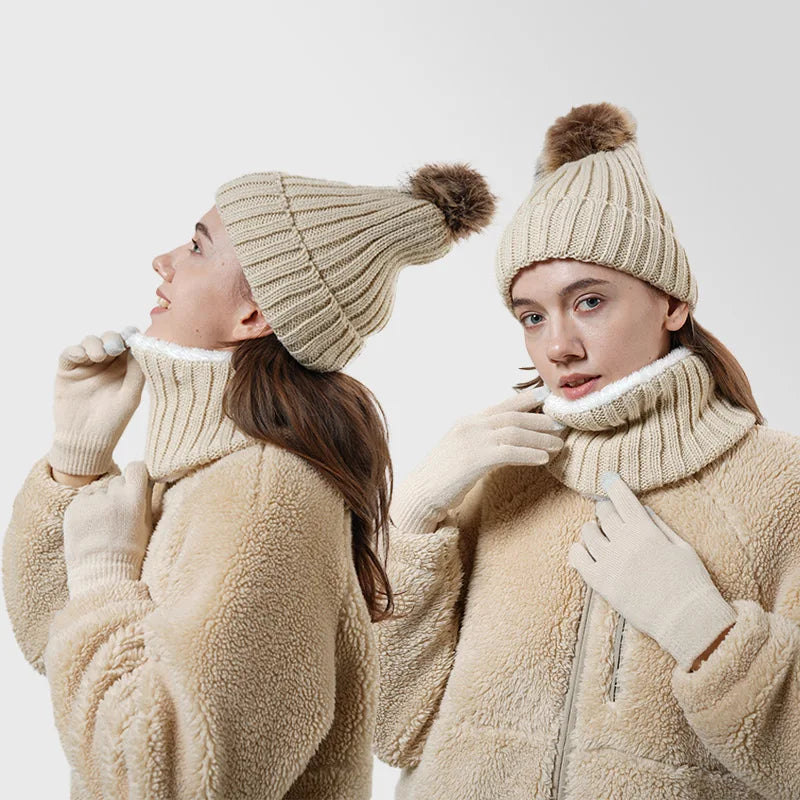 Warm women’s knitted hat, scarf and gloves set for winter outdoors by HSF Marketplace