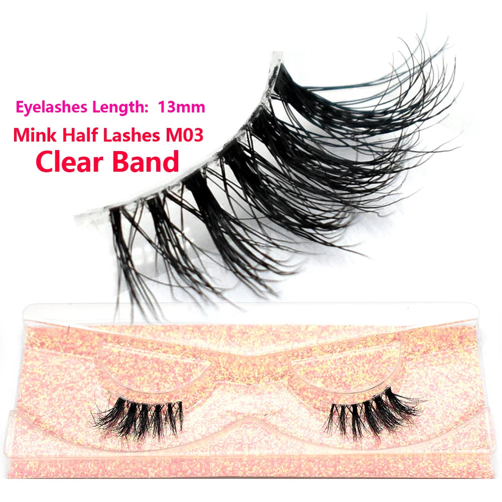 3D Mink Half Eye Lashes Natural Lightweight Short Fake Eyelashes Soft Fluffy Clear Band Strip Mink Lashes Extension