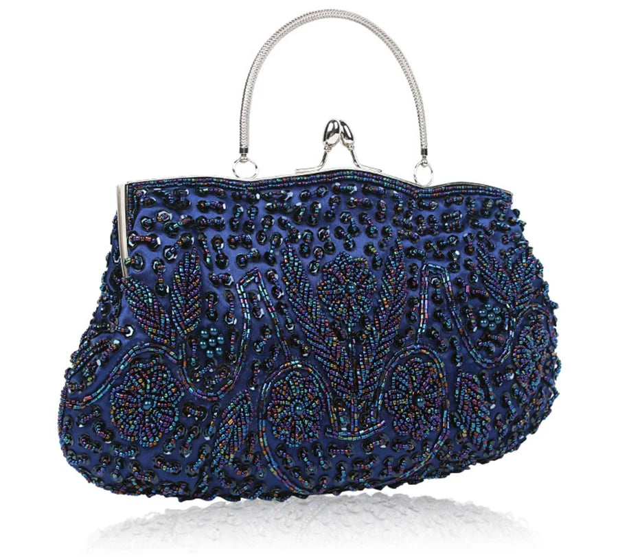 Women's retro small tote evening bag with beaded embroidery and shoulder chain, ideal for weddings and parties.