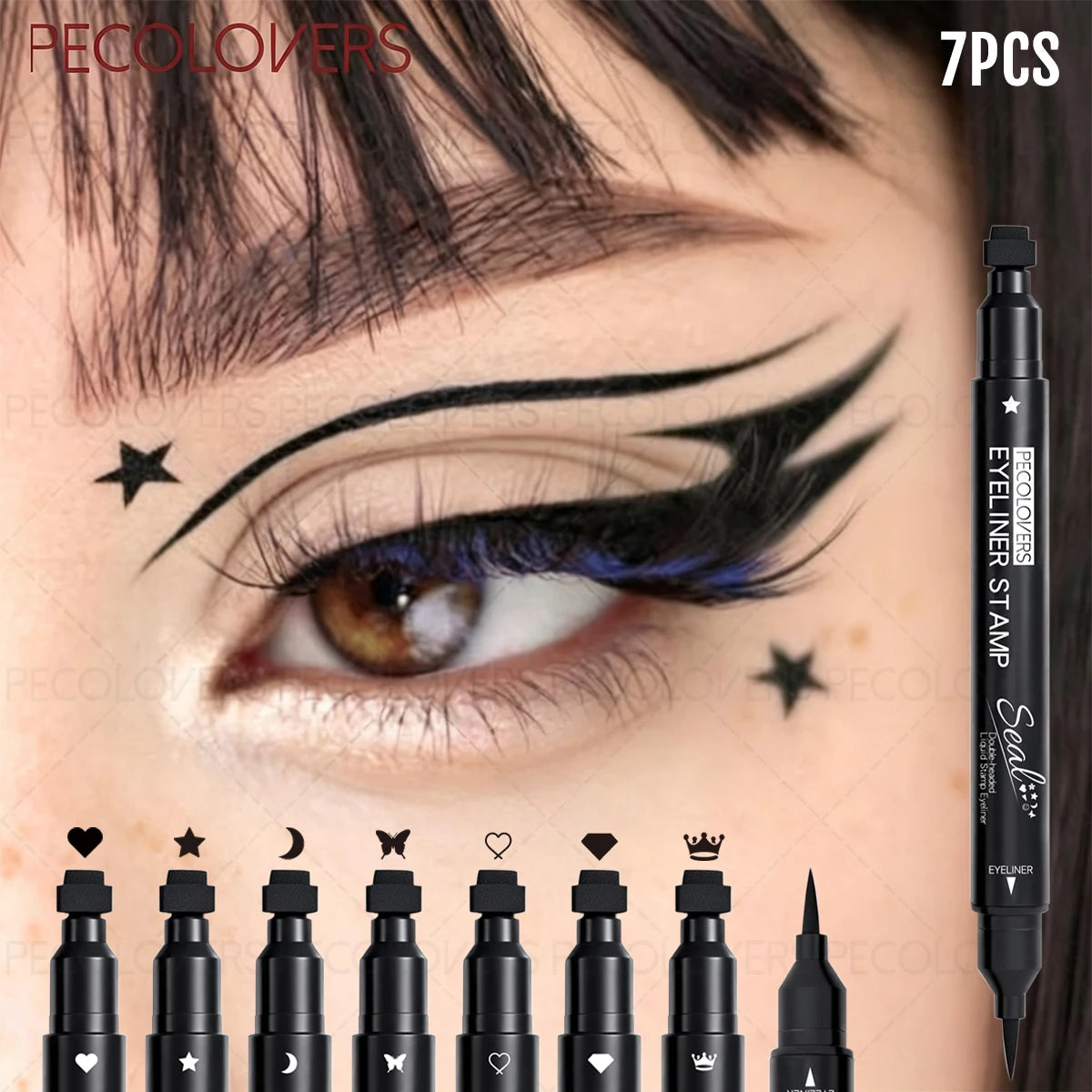 HSF Marketplace 7-piece waterproof liquid eyeliner set with moon, star, and heart stamp shapes for quick-dry eye makeup.