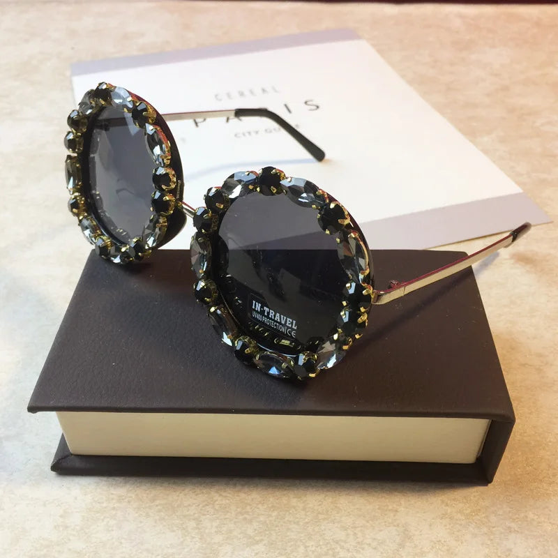 Luxury diamond crystal round sunglasses for women by HSF Marketplace, vintage style with big frames and UV400 protection.