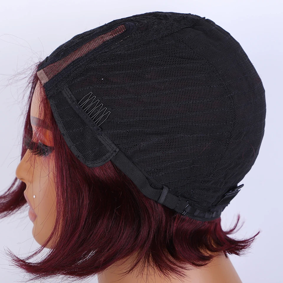 HSF Marketplace 99J burgundy short bob human hair wig with side part, straight style, glueless wear, natural look