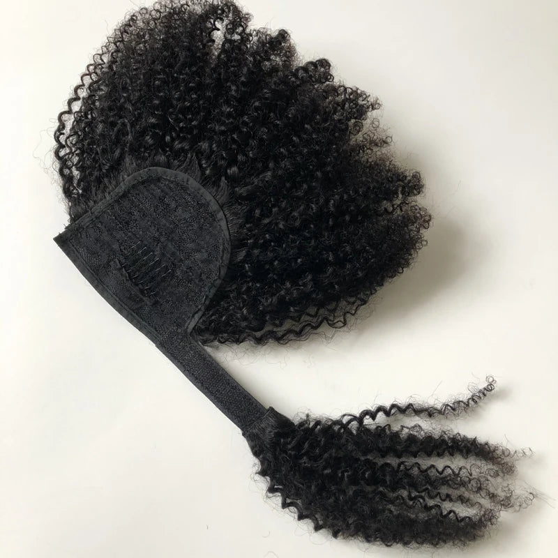 Mongolian Afro Kinky Curly Human Hair Wrap Around Ponytail Natural Color Clip Ponytail Extension Hair For Women 10-22 Inch