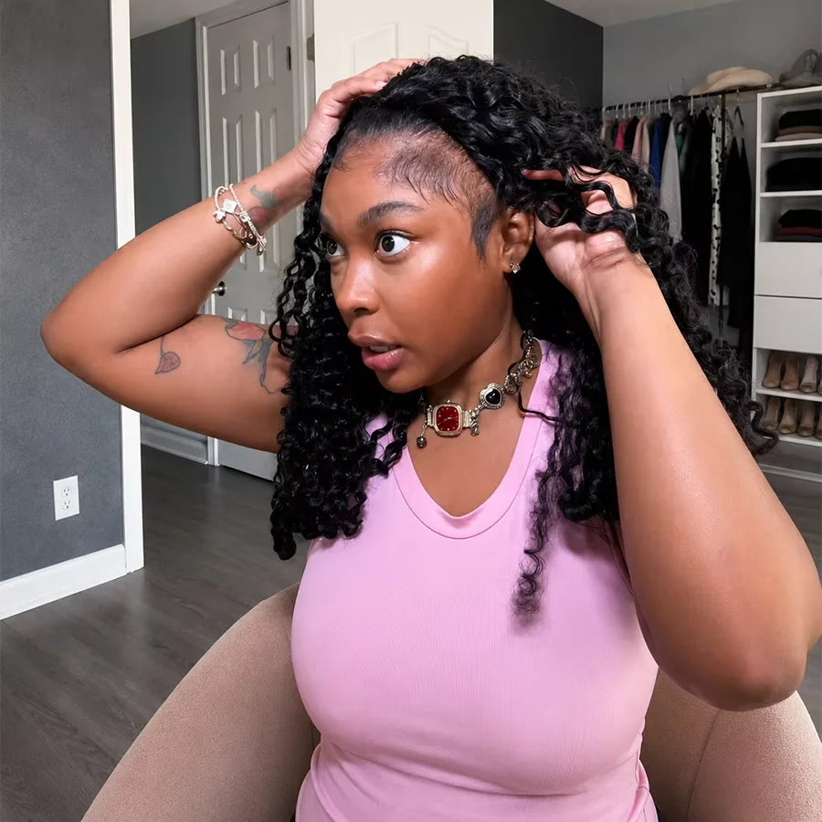 12A 220% density curly half wig human hair, natural black, seamless flip-over drawstring headband style