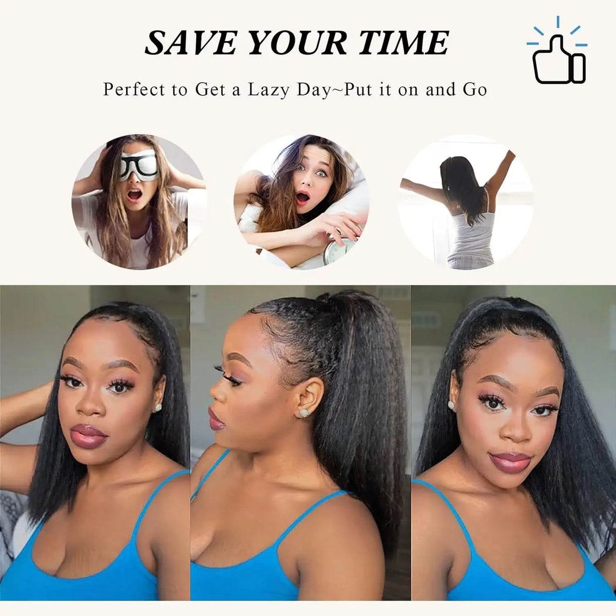 Kinky straight Brazilian Remy human hair drawstring ponytail extension in natural color by HSF Marketplace