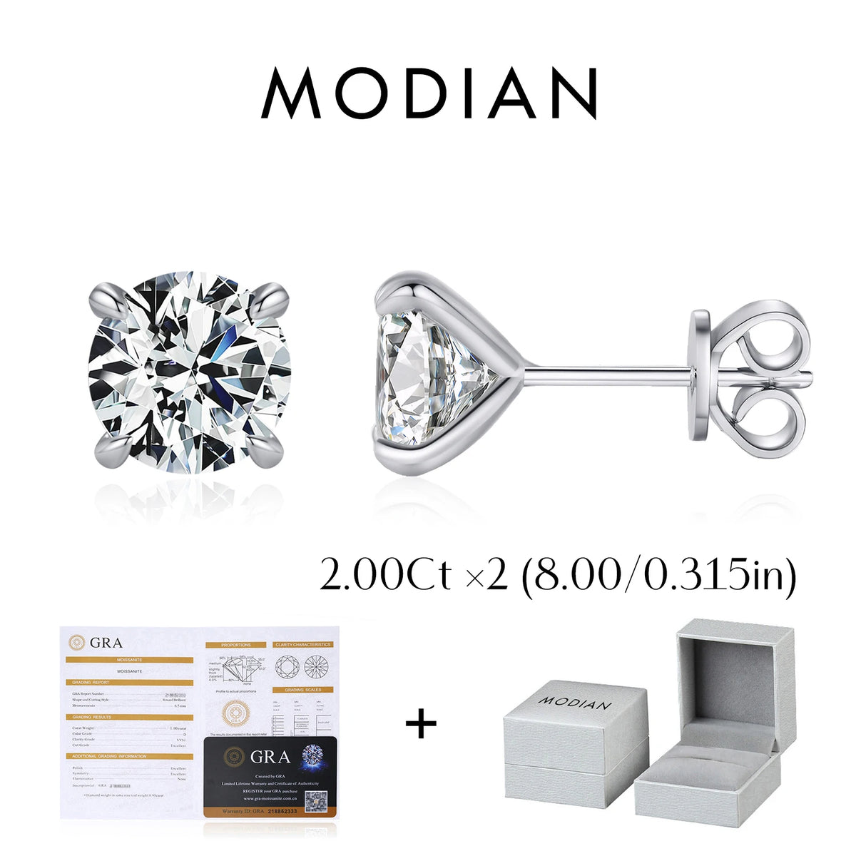 MODIAN D-color moissanite stud earrings in 925 sterling silver, sparkling wedding jewelry for women