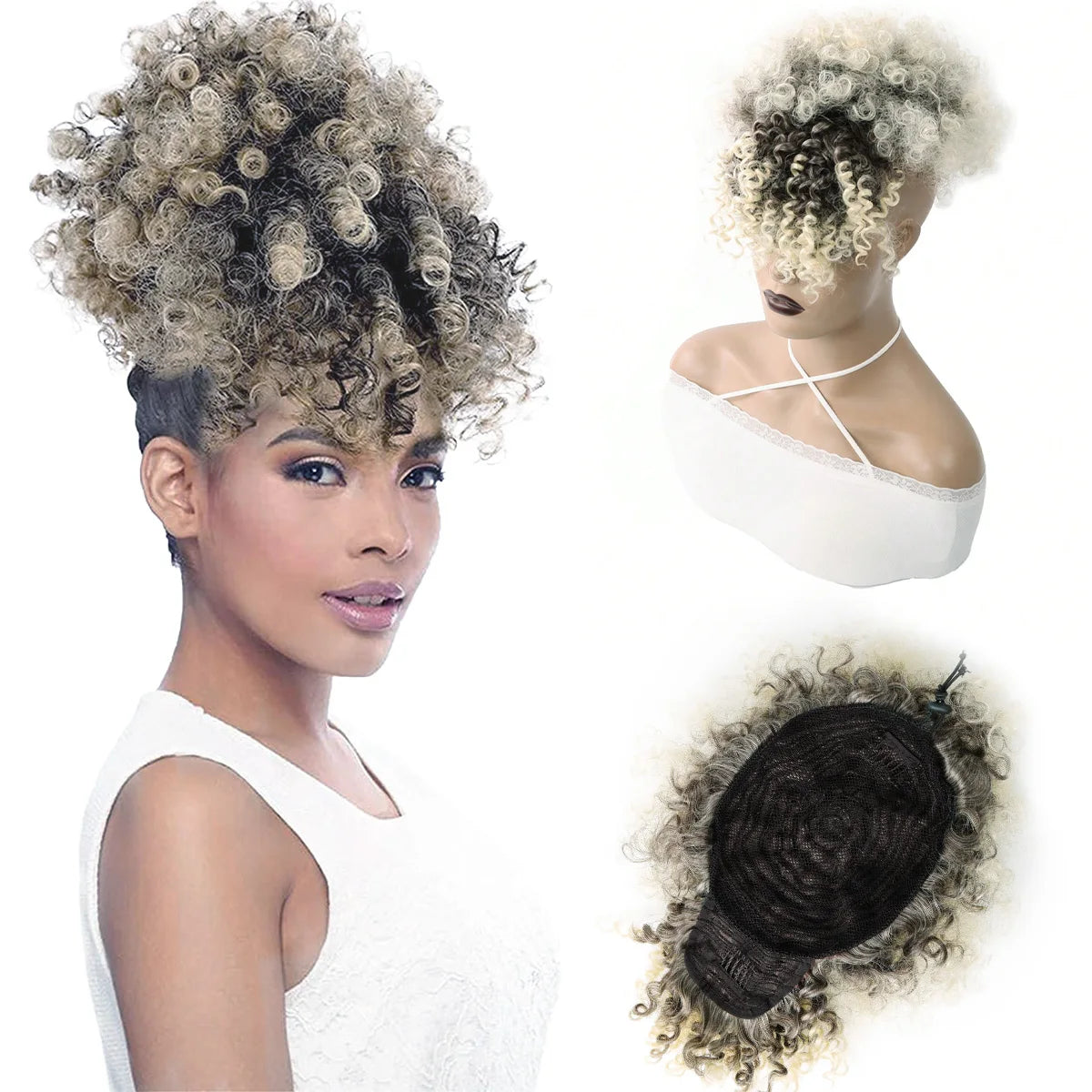 HSF Marketplace short kinky curly afro puff drawstring ponytail with bangs in a pineapple updo style