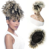 HSF Marketplace short kinky curly afro puff drawstring ponytail with bangs in a pineapple updo style