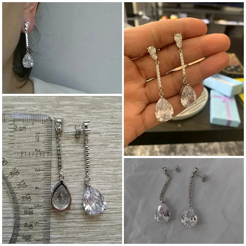 Huitan long hanging earrings with AAA pear-cut cubic zirconia, elegant drop jewelry design