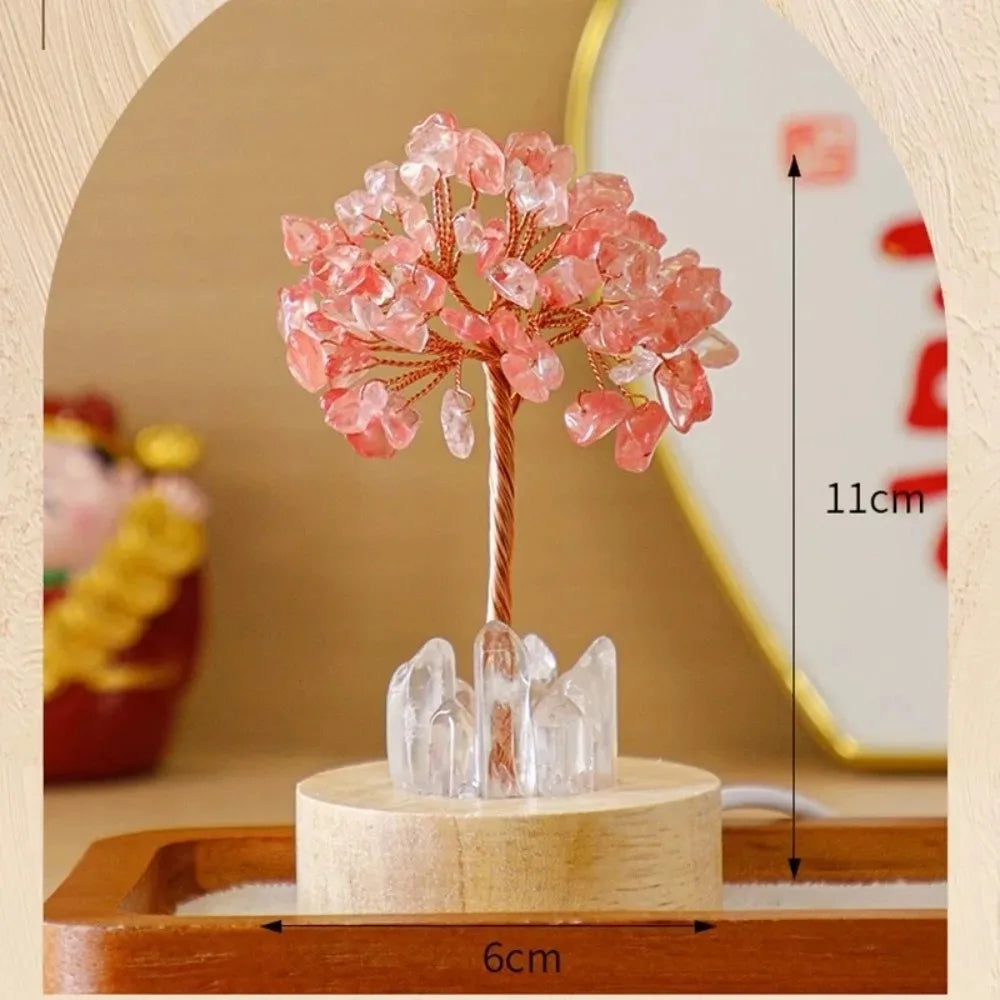 Glowing Crystal Money Tree with LED Base for Wealth Luck, Natural Stone Feng Shui Desktop Ornament, Gift for Birthday
