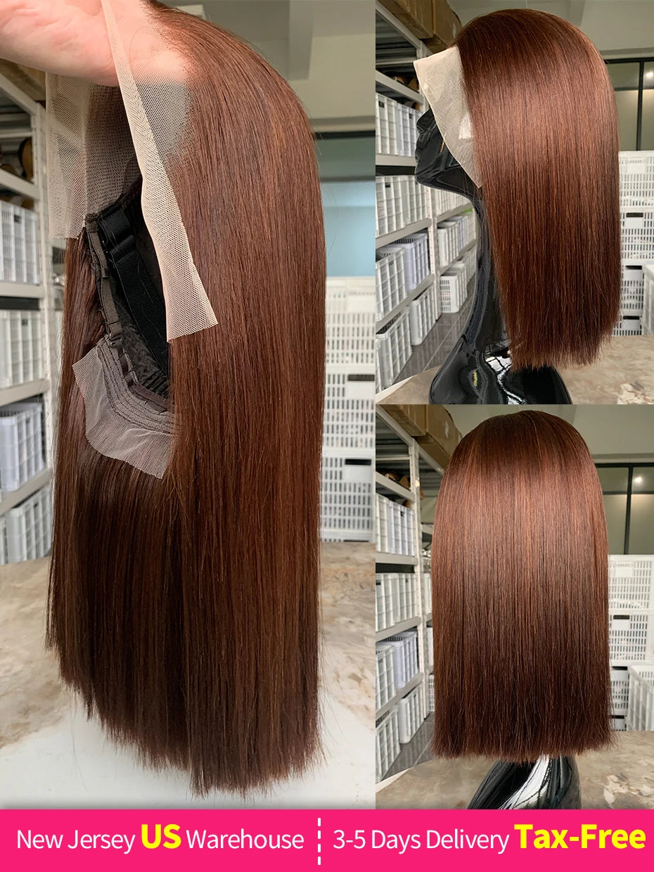 #2 brown 250 density raw Vietnamese human hair lace frontal wig, 13x4 bob, double drawn lace front wig
