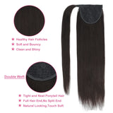 Straight Brazilian Remy human hair wrap-around ponytail extension with clip-in attachment, 12–28 inches