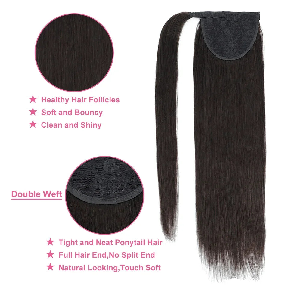 Straight Brazilian Remy human hair wrap-around ponytail extension with clip-in attachment, 12–28 inches